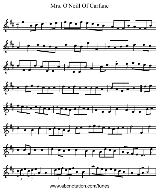 Mrs. O'Neill Of Carfane - staff notation