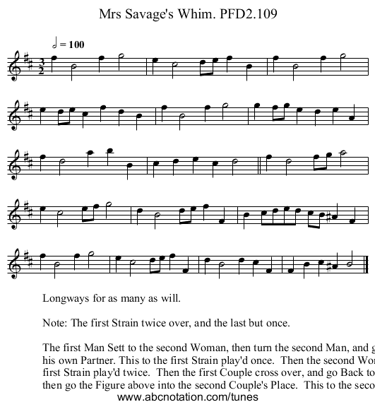 Mrs Savage's Whim. PFD2.109 - staff notation