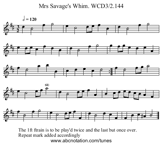 Mrs Savage's Whim. WCD3/2.144 - staff notation
