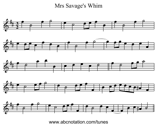 Mrs Savage's Whim - staff notation