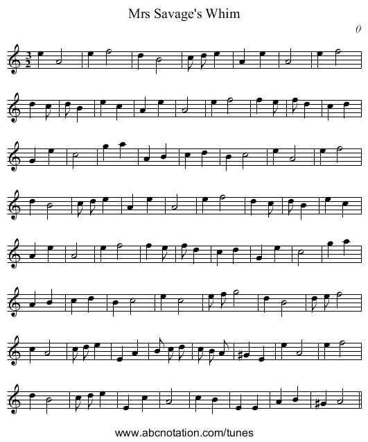 Mrs Savage's Whim - staff notation
