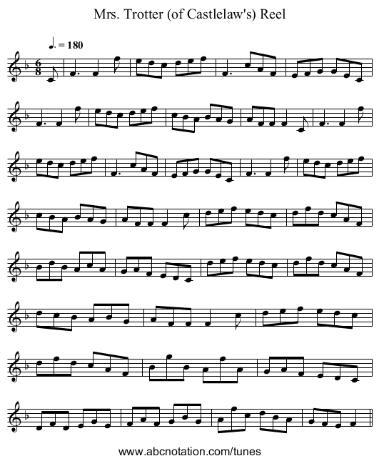 Mrs. Trotter (of Castlelaw's) Reel - staff notation