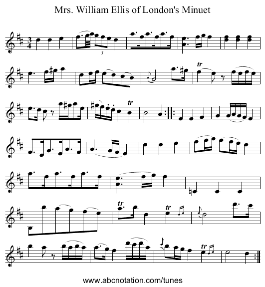 Mrs. William Ellis of London's Minuet - staff notation