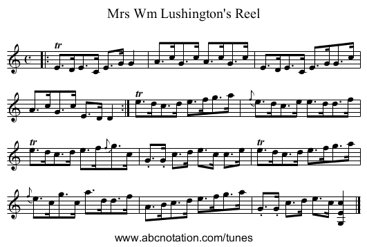 Mrs Wm Lushington's Reel - staff notation