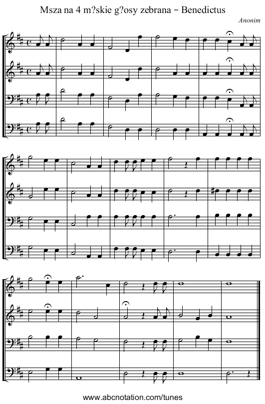 Msza na 4 m?skie g?osy zebrana – Benedictus - staff notation