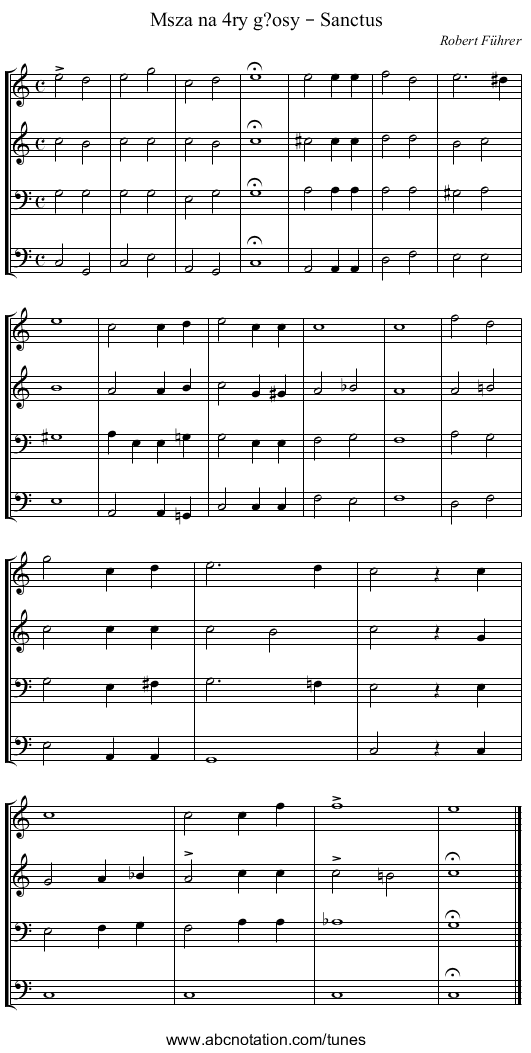 Msza na 4ry g?osy – Sanctus - staff notation