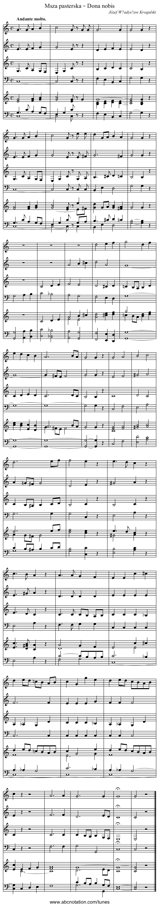 Msza pasterska – Dona nobis - staff notation