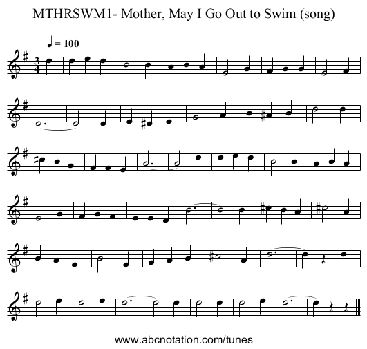 MTHRSWM1- Mother, May I Go Out to Swim (song) - staff notation