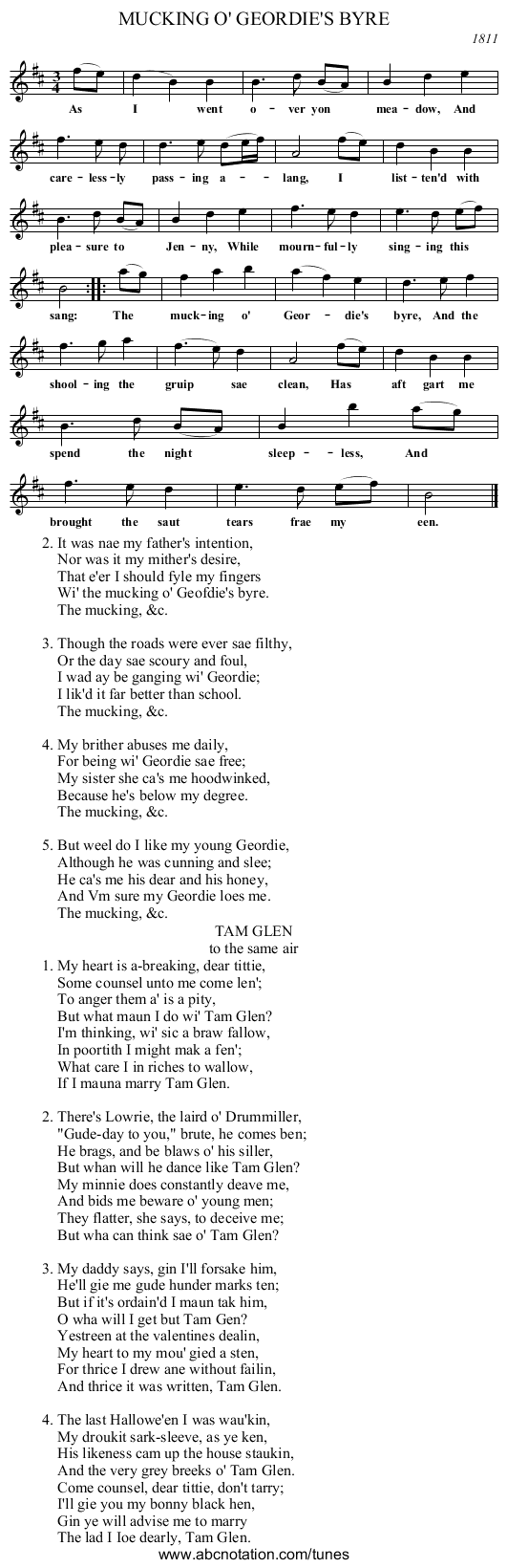 MUCKING O' GEORDIE'S BYRE - staff notation