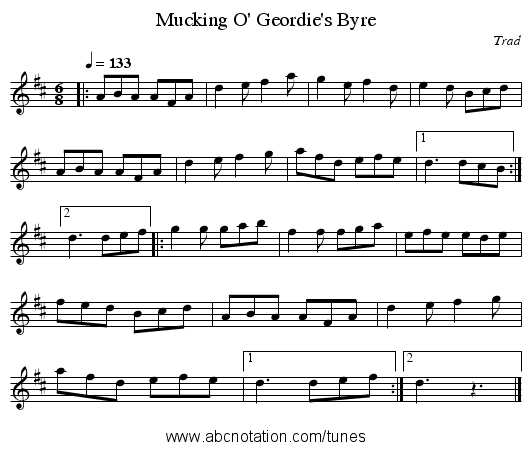 Mucking O' Geordie's Byre - staff notation
