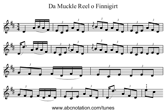 Muckle Reel o Finnigirt, Da - staff notation