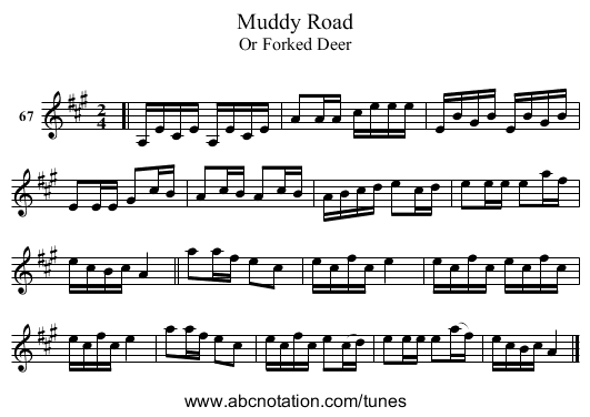 Muddy Road - staff notation