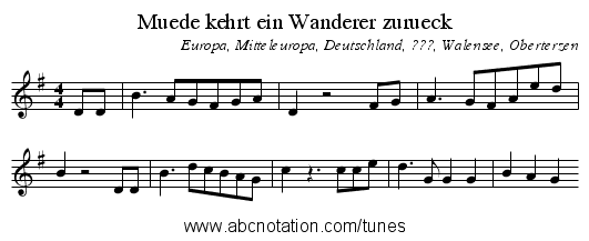 Muede kehrt ein Wanderer zurueck - staff notation