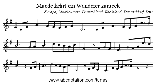 Muede kehrt ein Wanderer zurueck - staff notation