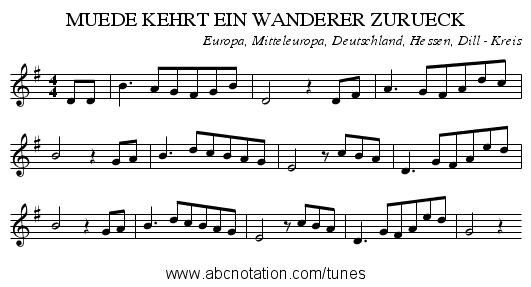 MUEDE KEHRT EIN WANDERER ZURUECK - staff notation