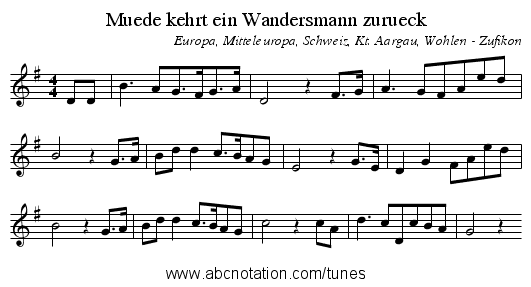 Muede kehrt ein Wandersmann zurueck - staff notation