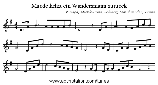 Muede kehrt ein Wandersmann zurueck - staff notation