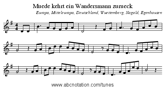 Muede kehrt ein Wandersmann zurueck - staff notation