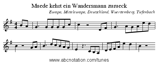 Muede kehrt ein Wandersmann zurueck - staff notation