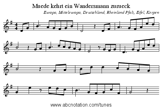 Muede kehrt ein Wandersmann zurueck - staff notation