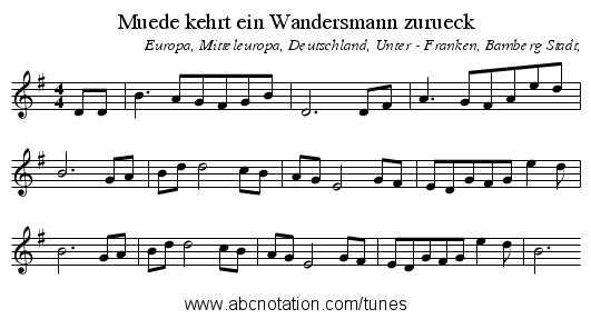Muede kehrt ein Wandersmann zurueck - staff notation