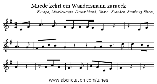 Muede kehrt ein Wandersmann zurueck - staff notation