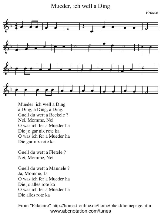 Mueder, ich well a Ding - staff notation