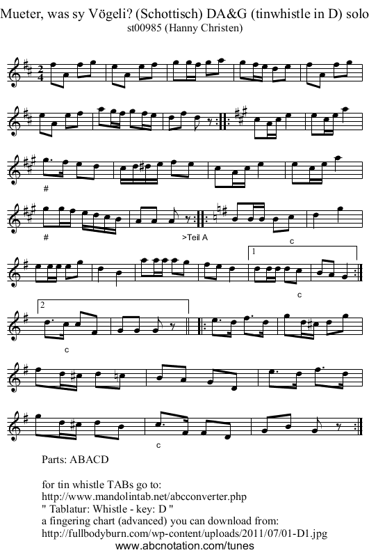 Mueter, was sy V&ouml;geli? (Schottisch) DA&G (tinwhistle in D) solo - staff notation