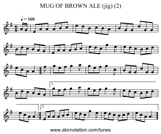 MUG OF BROWN ALE (jig) (2) - staff notation