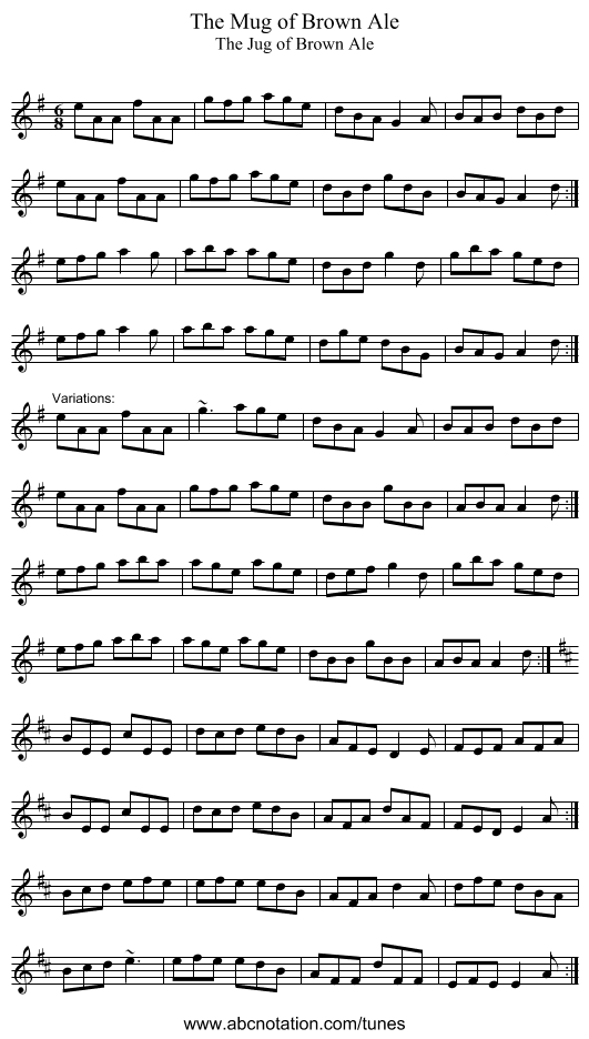 Mug of Brown Ale, The - staff notation