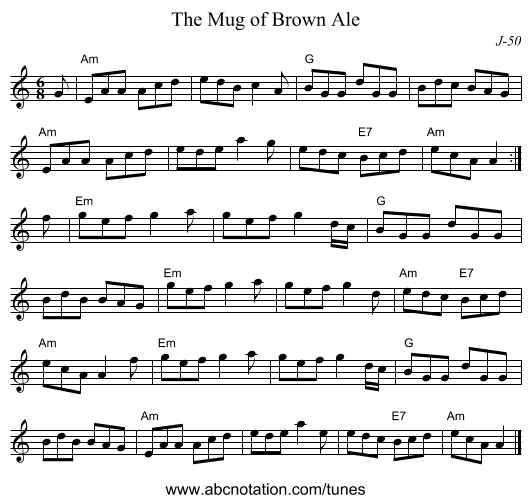 Mug of Brown Ale, The - staff notation