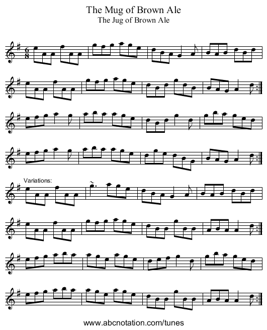 Mug of Brown Ale, The - staff notation