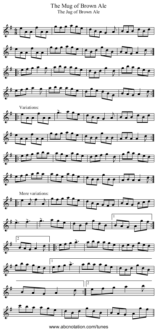 Mug of Brown Ale, The - staff notation