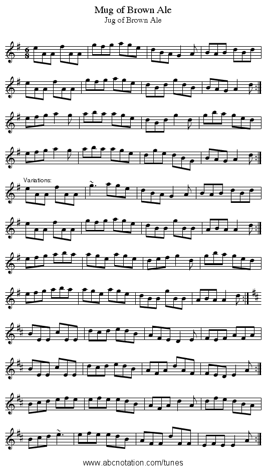 Mug of Brown Ale - staff notation