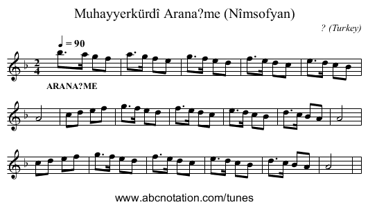 Muhayyerkürdî Arana?me (Nîmsofyan) - staff notation