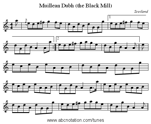 Muillean Dubh (the Black Mill) - staff notation
