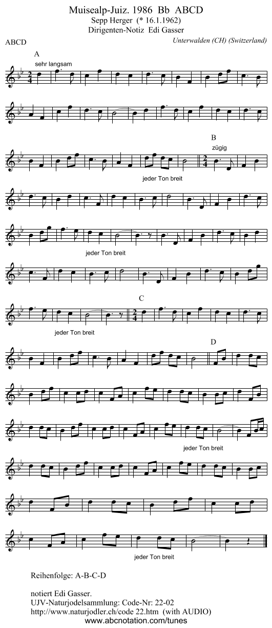 Muisealp-Juiz. 1986  Bb  ABCD - staff notation