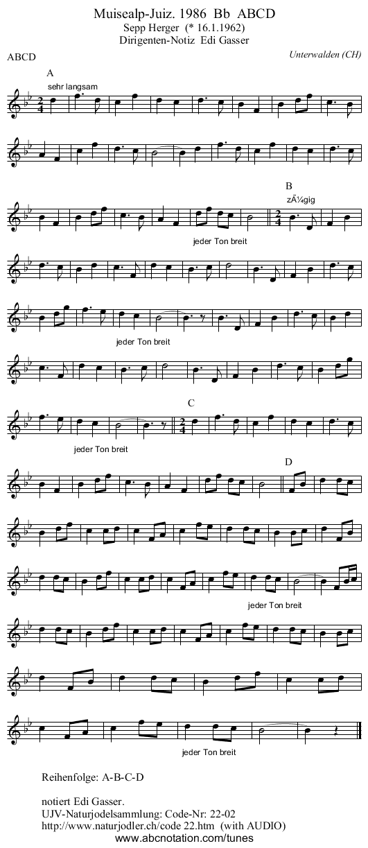 Muisealp-Juiz. 1986 Bb ABCD - staff notation