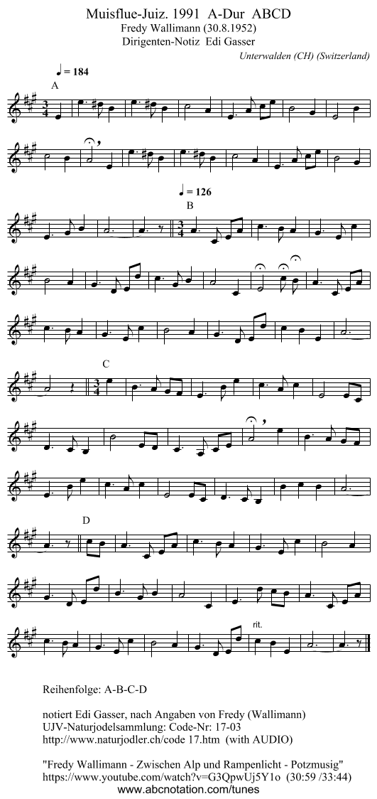 Muisflue-Juiz. 1991  A-Dur  ABCD - staff notation
