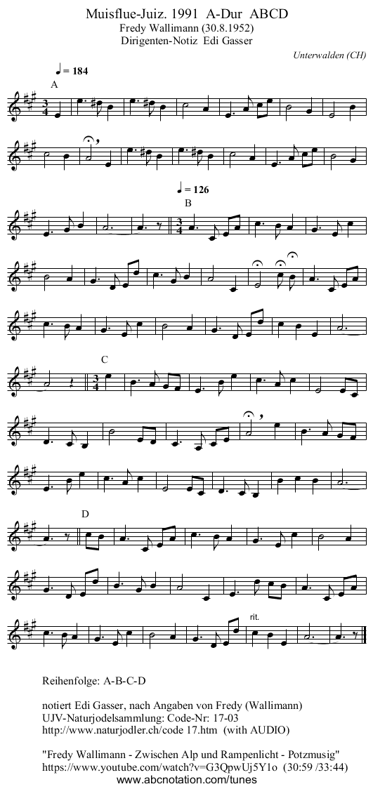 Muisflue-Juiz. 1991 A-Dur ABCD - staff notation