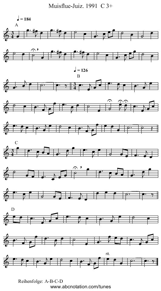 Muisflue-Juiz. 1991 C 3+ - staff notation
