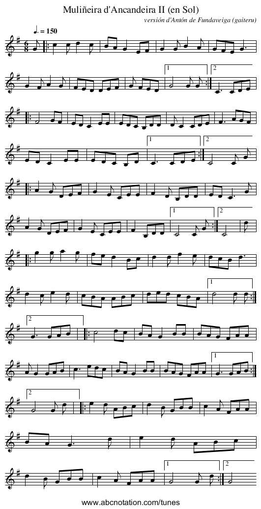 Muliñeira d'Ancandeira II (en Sol) - staff notation