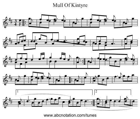 Mull Of Kintyre - staff notation