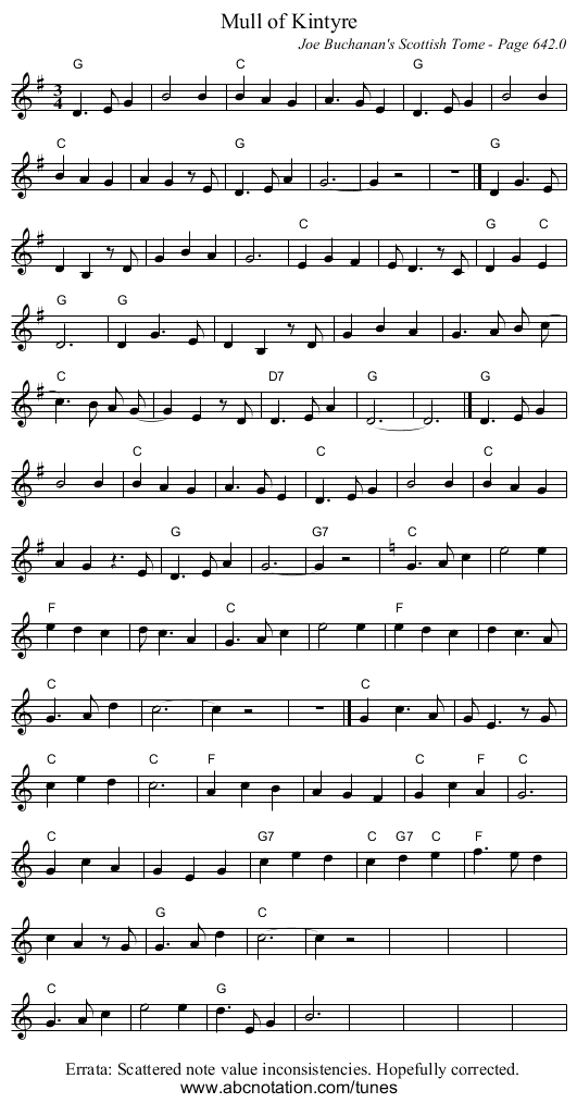 Mull of Kintyre - staff notation