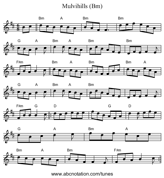 Mulvihills (Bm) - staff notation