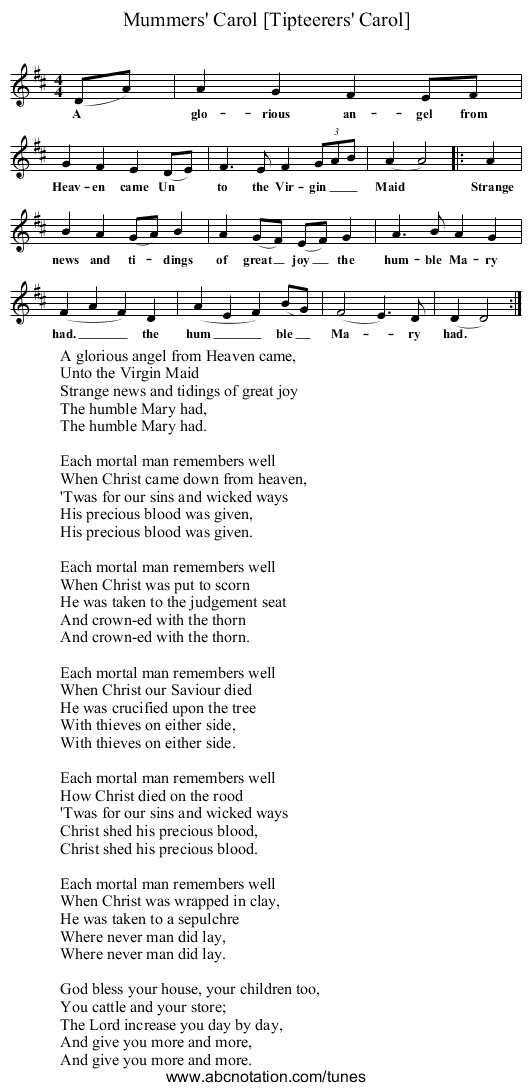 Mummers' Carol [Tipteerers' Carol] - staff notation