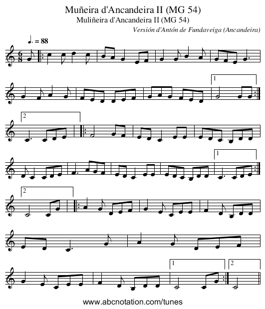 Muñeira d'Ancandeira II (MG 54) - staff notation