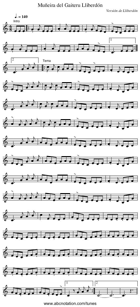 Muñeira del Gaiteru Lliberdón - staff notation
