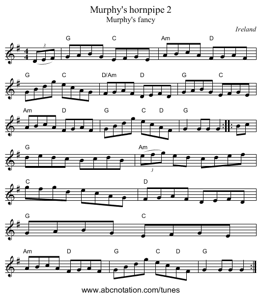 Murphy's hornpipe 2 - staff notation