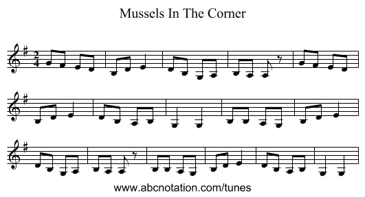 Mussels In The Corner - staff notation
